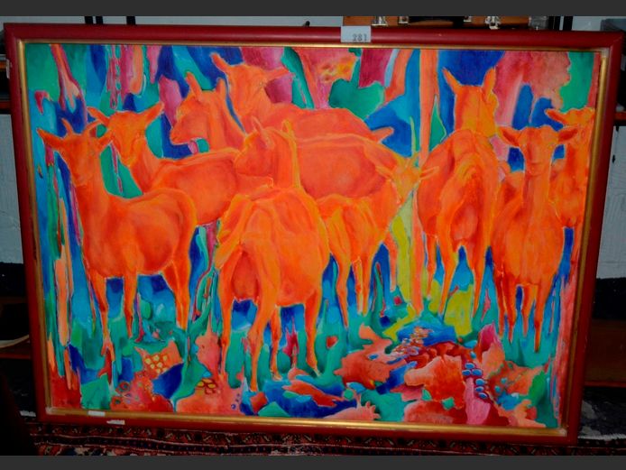 FRAMED OIL ON CANVAS "DEER", 139 x 99cm