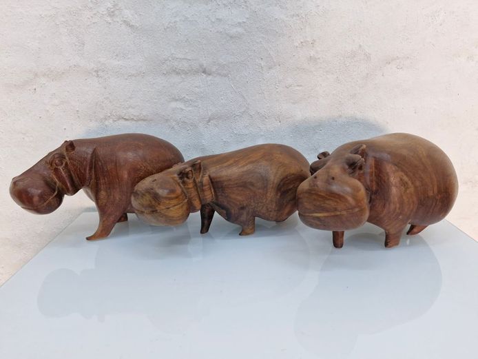 Three Vintage Hand-Carved Wooden Hippo Sculptures