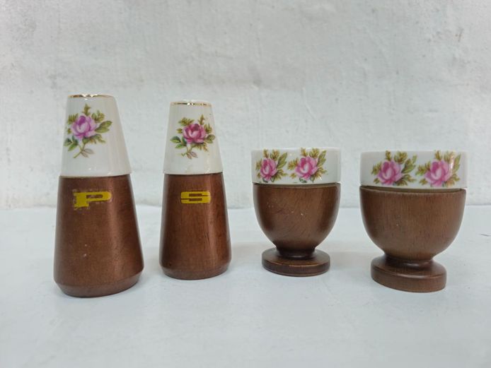 Vintage Floral Ceramic & Wood Cruet Set