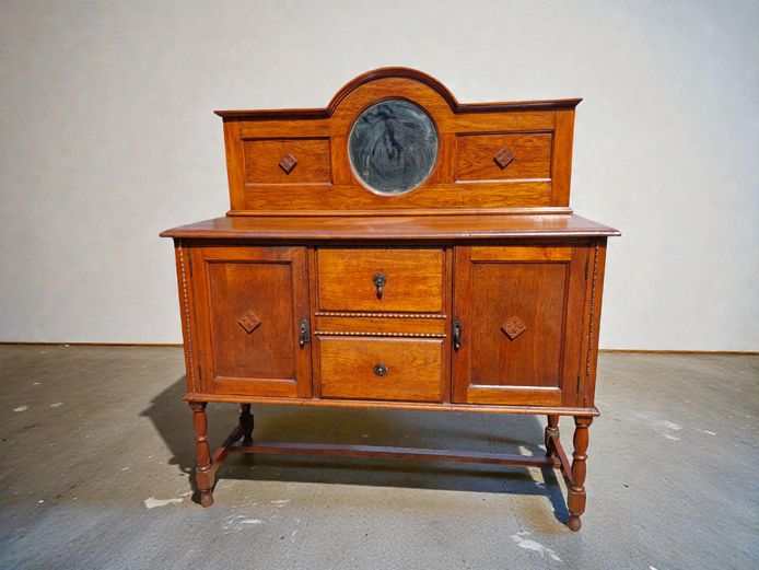 Edwardian Oak Sideboard with Round Mirror Back