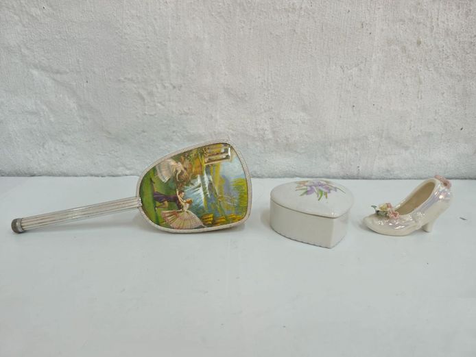 Vintage Illustrated Hairbrush, Floral Heart Trinket Box, and Porcelain Shoe