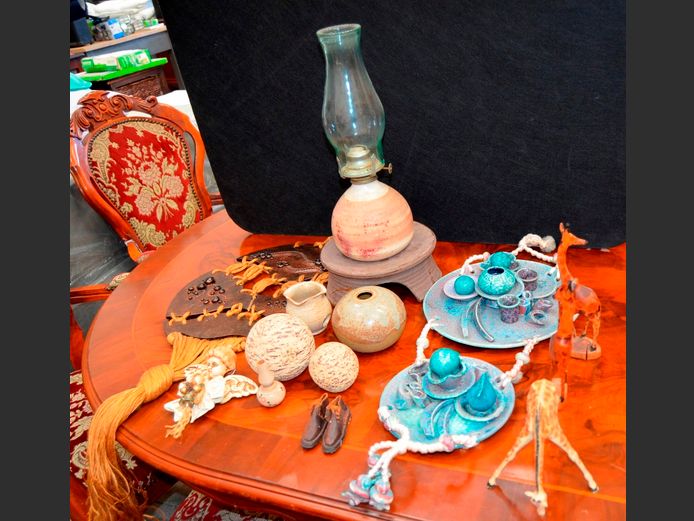 OIL LAMP, POTTERY WALL HANGINGS, ORNAMENTS, etc