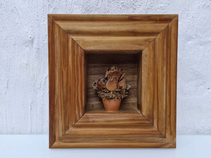 Vintage 3D Wood Shadow Box Wall Art - Small Terracotta Pot Dried Pinecone Roses