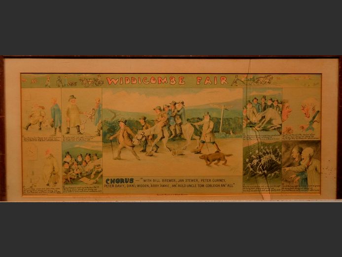 FRAMED VINTAGE POSTER PRINT "WIDDICOMBE FAIR", 57 x 23cm [Glass broken]