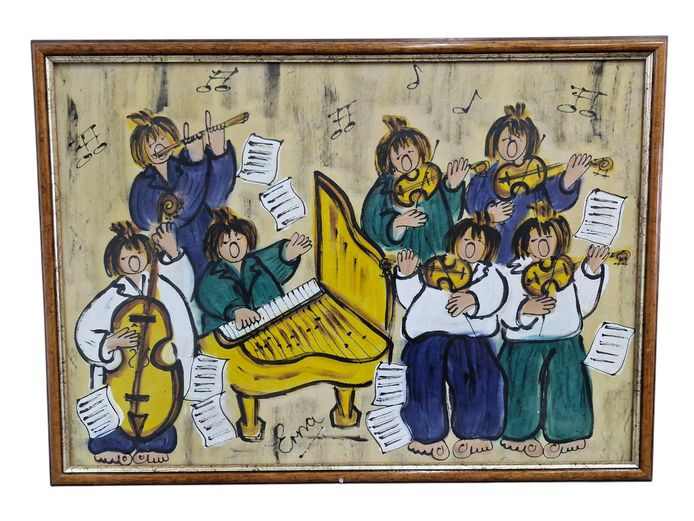 Whimsical Mid-Century Style Orchestra Painting by "Erna"