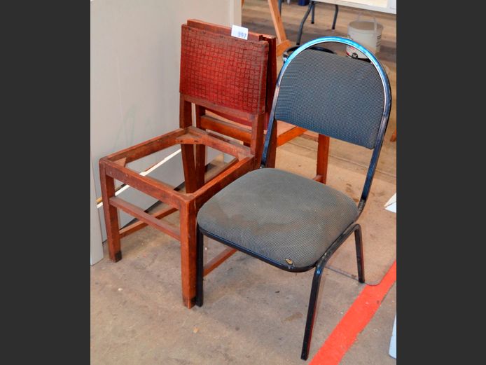 LOT: 2 x TEAK DINING CHAIRS [1 seat needed] & A VISITOR'S CHAIR [Needs a clean]