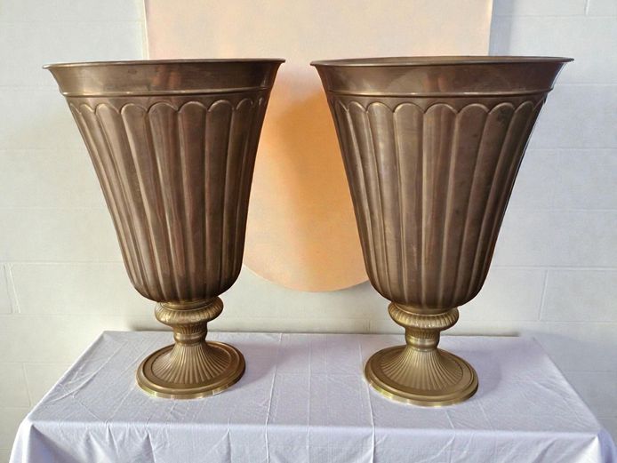 Pair of Large Art Deco Style Solid Brass Urn Vases