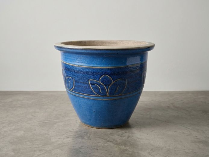 Large Cobalt Blue Glazed Ceramic Planter with Incised Floral Motifs