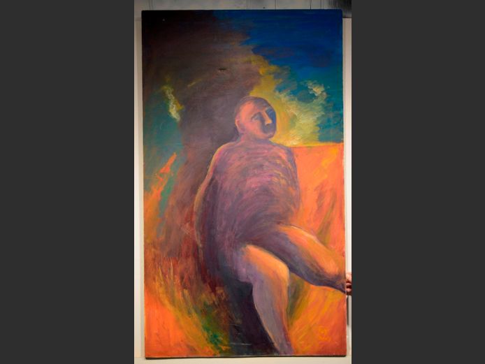 UNFRAMED OIL ON CANVAS "SEATED PERSON" SIGNED ANA TOY, 68.6 x 118.5cm [Tear to canvas]