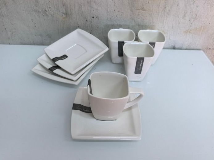 4-Piece Premium White Porcelain Square Espresso Cup/Saucer Set