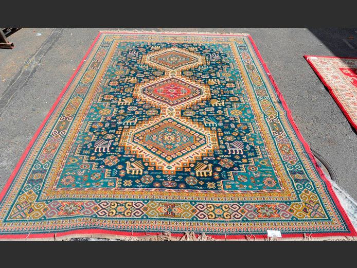 BLUE, BEIGE & BURGUNDY PERSIAN CARPET, 290 x 200cm [Some wear]