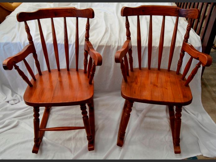 PAIR PINE SPINDLE BACK ROCKING ARMCHAIRS