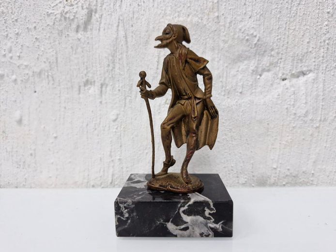Vintage Commedia dell'Arte Pantalone Carved Wood Figure on Marble Base
