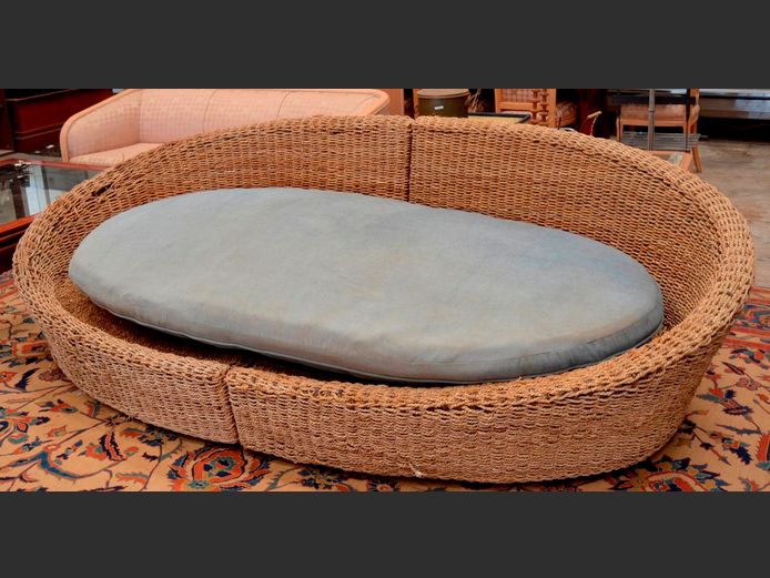 WICKER COUCH WITH CUSHIONS, 265 x 145cm [Wicker needs attention in places]