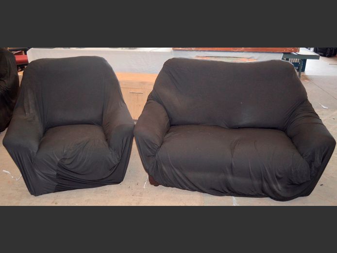 BROWN LEATHER TOUCH 2-PIECE, 3-SEATER LOUNGE SUITE WITH COVERS [Leather touch peeling]