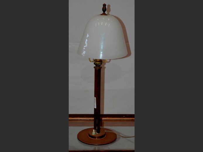 ANTIQUE COPPER TABLE LAMP WITH MILKY GLASS SHADE, 54cm High