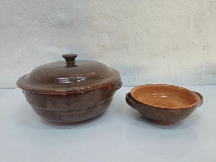 Glazed Terracotta Casserole Dish with Lid and Side Bowl