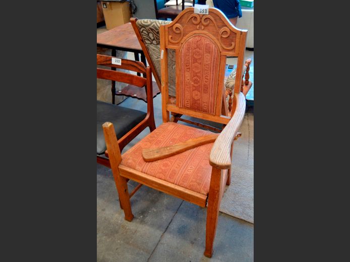 CARVED OAK ARMCHAIR [Seat & arm rest loose]