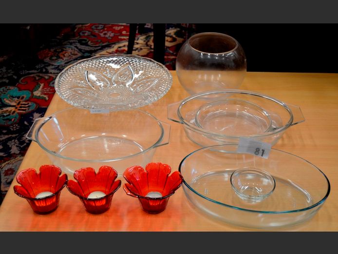 CUT GLASS BOWL, GLASS OVEN DISHES, TEALIGHT CANDLE HOLDERS, etc