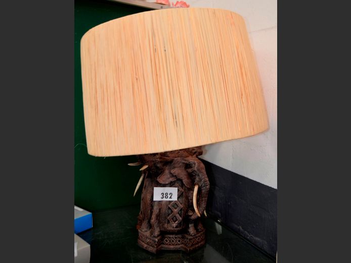 ELEPHANT TABLE LAMP WITH STRAW SHADE [Some tusks needed, fitting needs replacing]