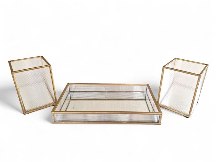 Decorative Glas Vanity Mirror Tray Set with Gold Trimmings
