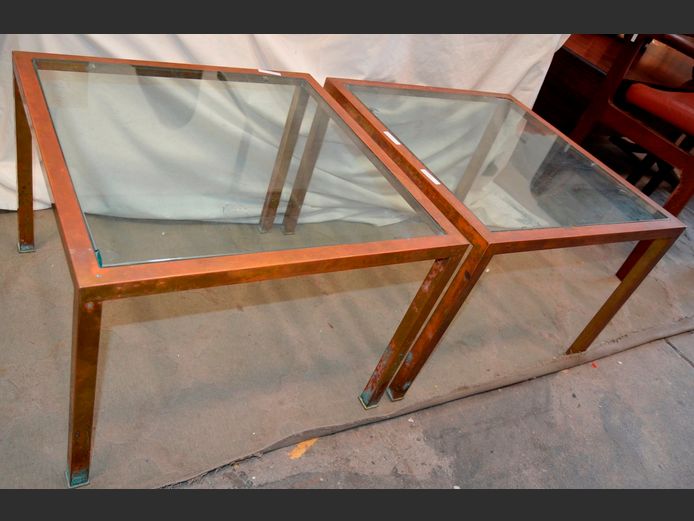PAIR COPPER SIDE TABLES WITH GLASS TOPS, 56 x 56 x 41cm