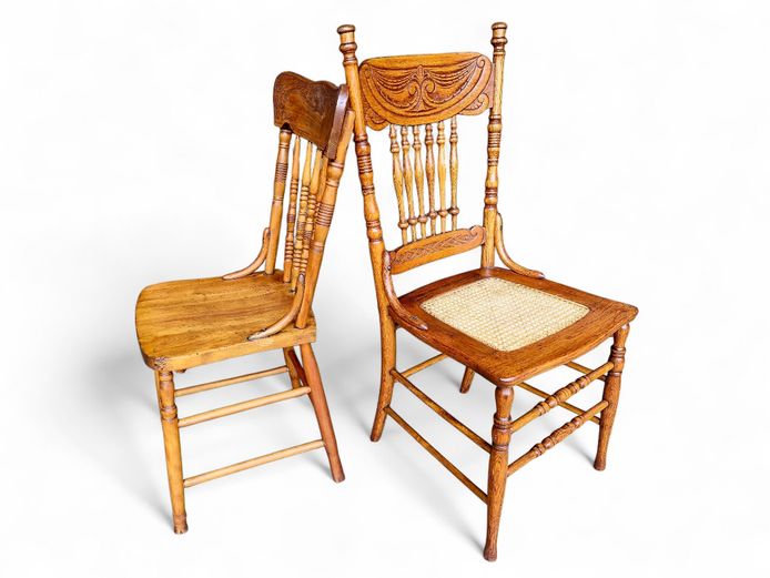 Antique Colonial Revival Spindle & Pressed-Back Oak Chairs