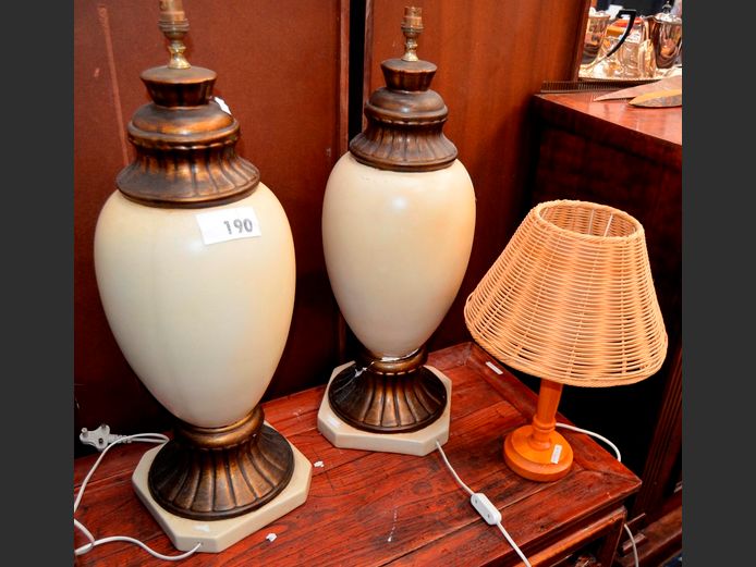 PAIR TABLE LAMPS WITH SHADES,72cm High, & A BEDSIDE LAMP, 45cm High [4,16] [1 Lamp broken]