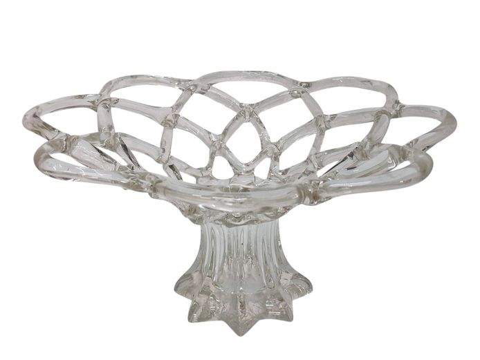 Vintage Reticulated "Lattice Weave" Clear Glass Pedestal Centerpiece Bowl