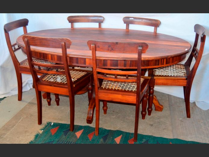 BLACKWOOD OVAL DINING TABLE WITH 6 MATCHING RIEMPIE SEAT CHAIRS, 182 x 120 x 75cm