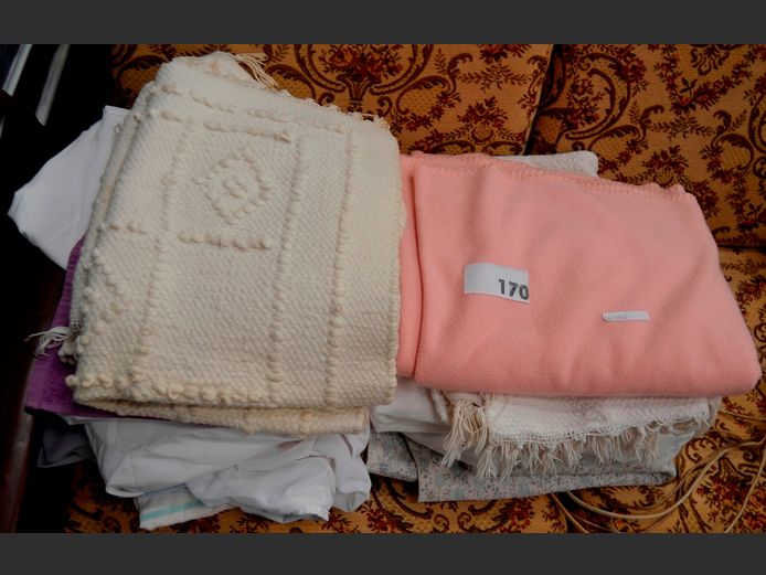 FITTED SHEETS, BATHROOM MATS, PINK FLUFFY BLANKET, etc