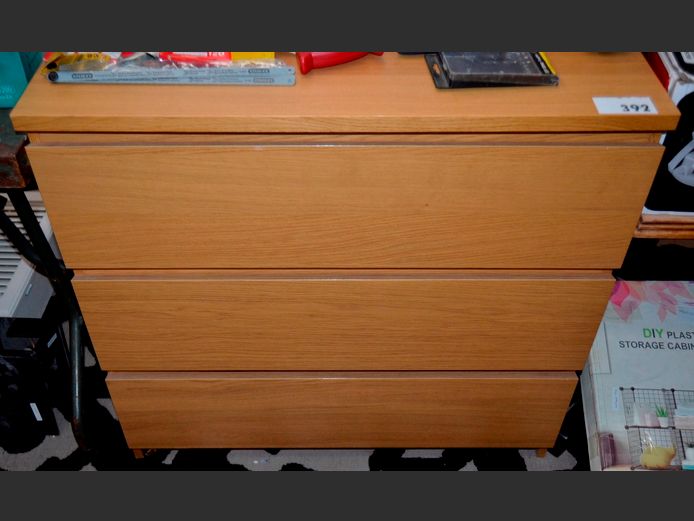 OAK FOIL 3-DRAWER CHEST OF DRAWERS, 80 x 48 x 77cm