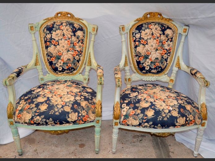 PAIR FRENCH STYLE ARMCHAIRS WITH FLORAL UPHOLSTERY [Need some TLC]