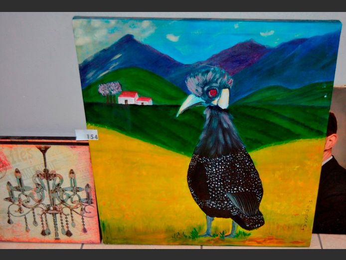UNFRAMED OIL ON CANVAS "GUINEA FOWL" SIGNED R. HENECKE, 82 x 75cm, & PAIR UNFRAMED PRINTS, 40 x 40cm