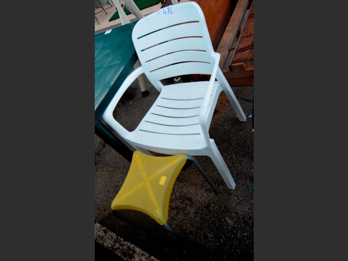 WHITE PLASTIC CHAIR & A STOOL