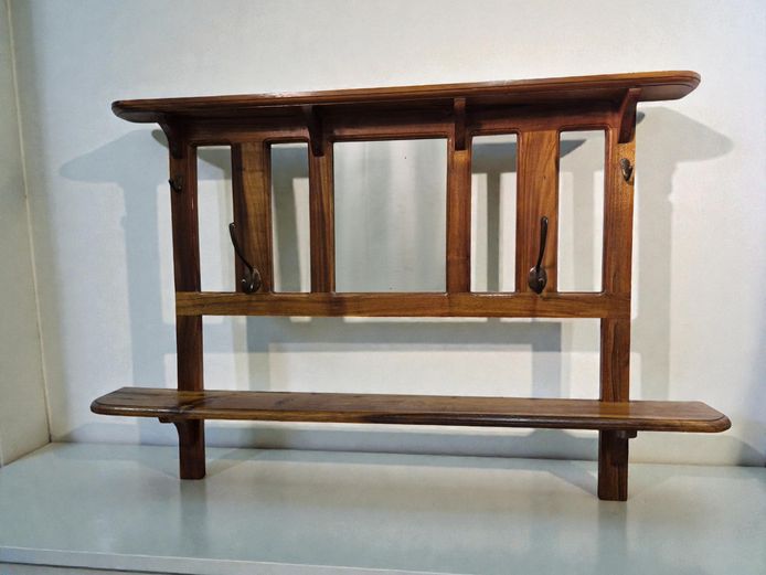 Antique Arts & Crafts Style Overmantel Mirror with Coat Hooks