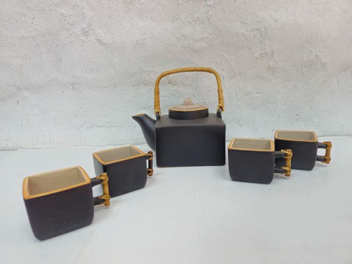 Mid-Century Modern Matte Black Ceramic Tea Set & Mottled Glazed Ceramic Tea Service