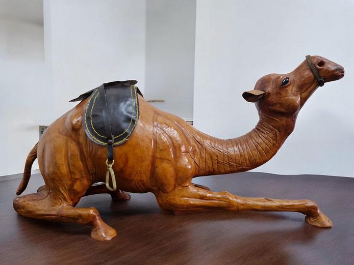 Large Leather Wrapped Kneeling Camel Figure with Saddle