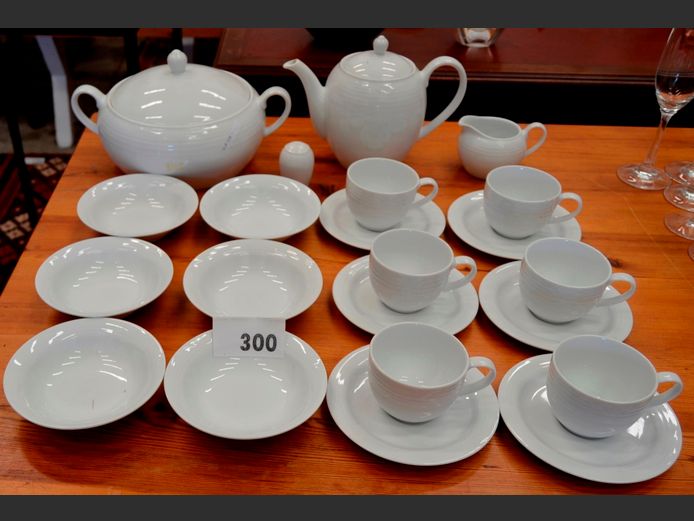 NORITAKE "ARCTIC WHITE" SOUP TUREEN WITH LID, SOUP BOWLS, TEAPOT, etc (24 Pieces)