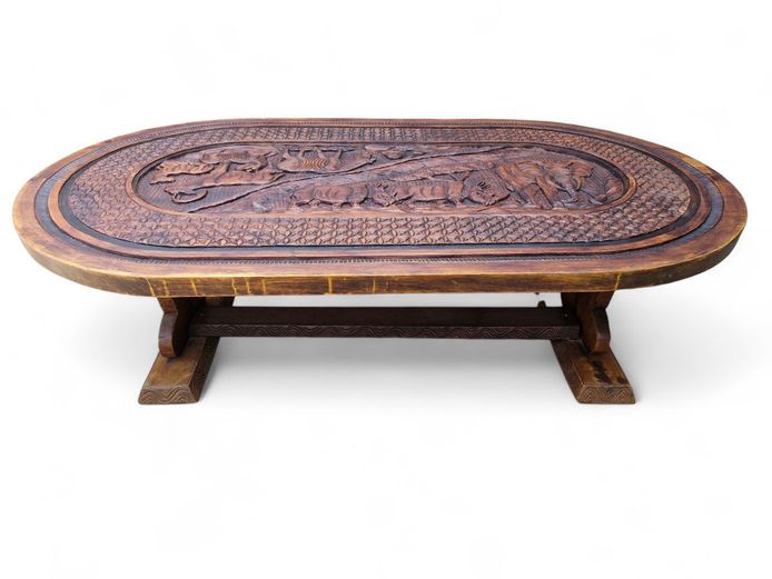 Zambian Solid Wood Carved Coffee Table with Glass Top