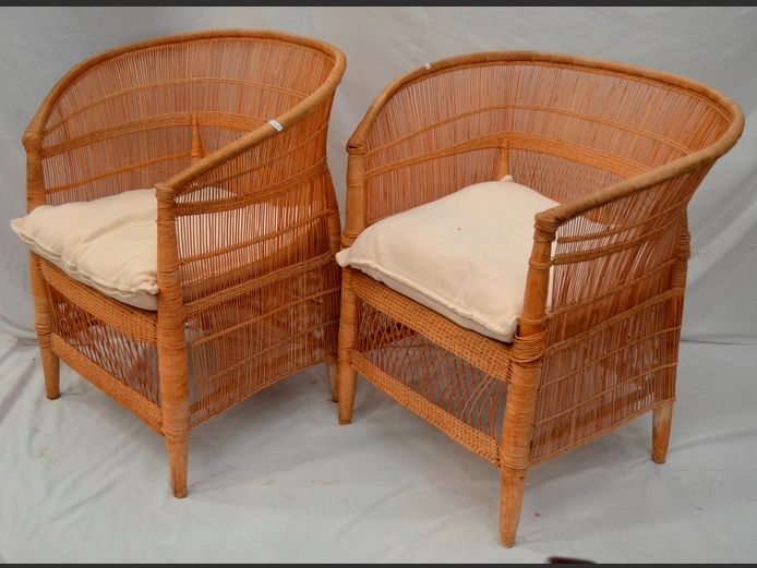 PAIR MALAWIAN WICKER ARMCHAIRS WITH CUSHIONS