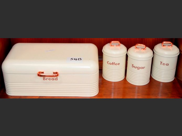 CREAM ENAMELLED BREAD BIN WITH 3 MATCHING CANISTERS