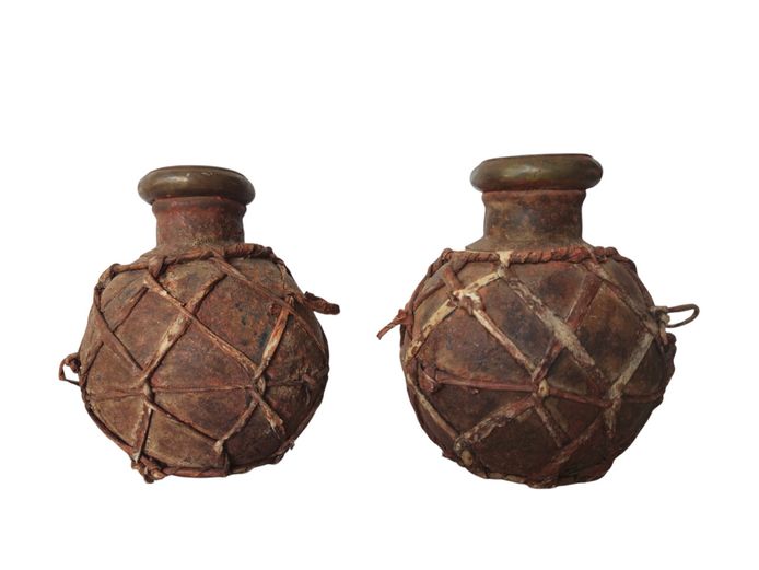 Pair of Antique Tribal Flasks with Leather Netting