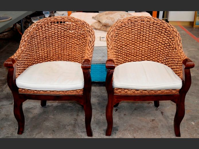 PAIR STAINED PINE & SEAGRASS ARMCHAIRS WITH CUSHIONS [Seagrass pulling away in places]