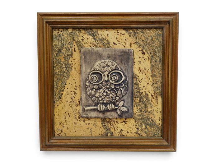 Mid-Century Modern Sculpted Cork Owl Relief in Wooden Frame