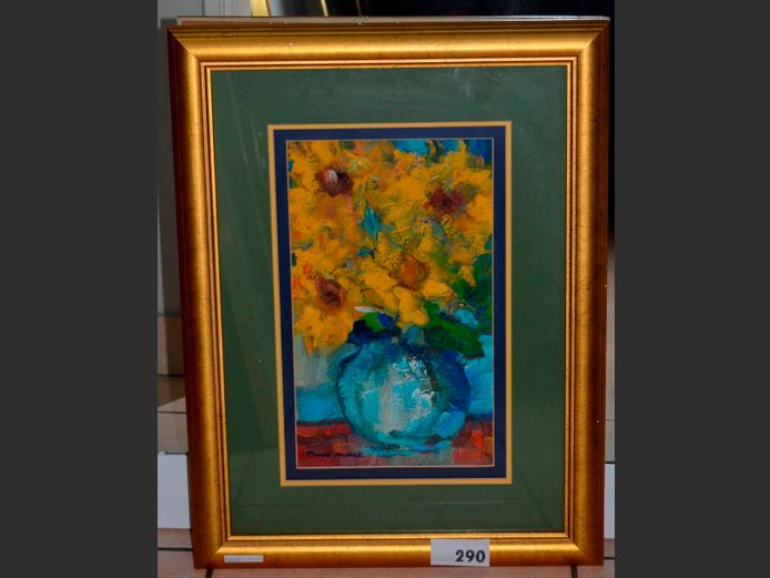 GILT FRAMED OIL ON BOARD "SUNFLOWERS IN VASE", 39 x 23cm