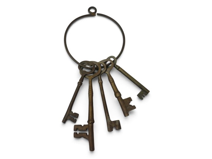 Antique Brass Jailer's Key Ring with Assorted Skeleton Keys