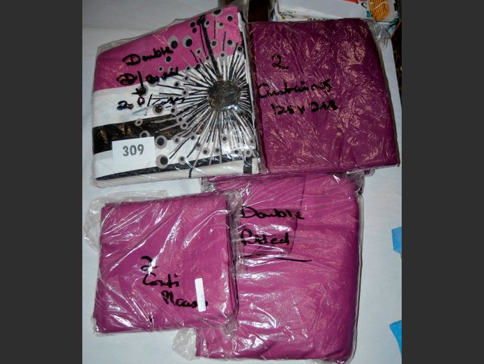 PURPLE PATTERNED DUVET COVER, CURTAINS, FITTED SHEET, NIGHT FRILL, etc