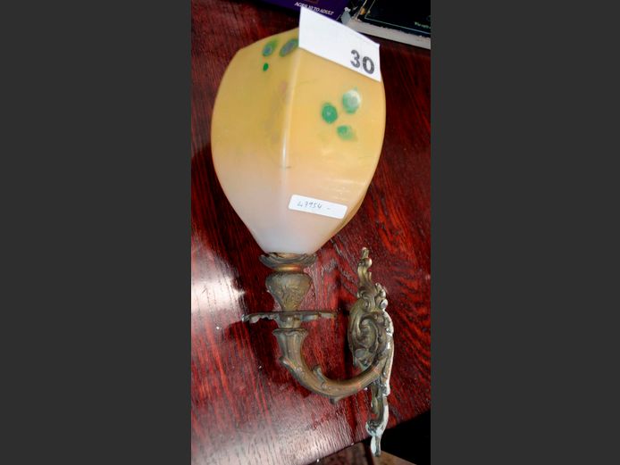 VINTAGE BRASS & GLASS WALL MOUNT LIGHT, 32cm High [Flaws to glass]