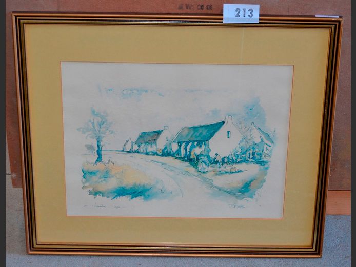 GILT FRAMED PRINT "COTTAGES, 47 x 35cm
